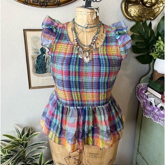 Mi Ami Colorful Plaid Preppy Peplum Smocked Ruffle Flutter Sleeve Blouse Sz XS - Picture 1 of 11